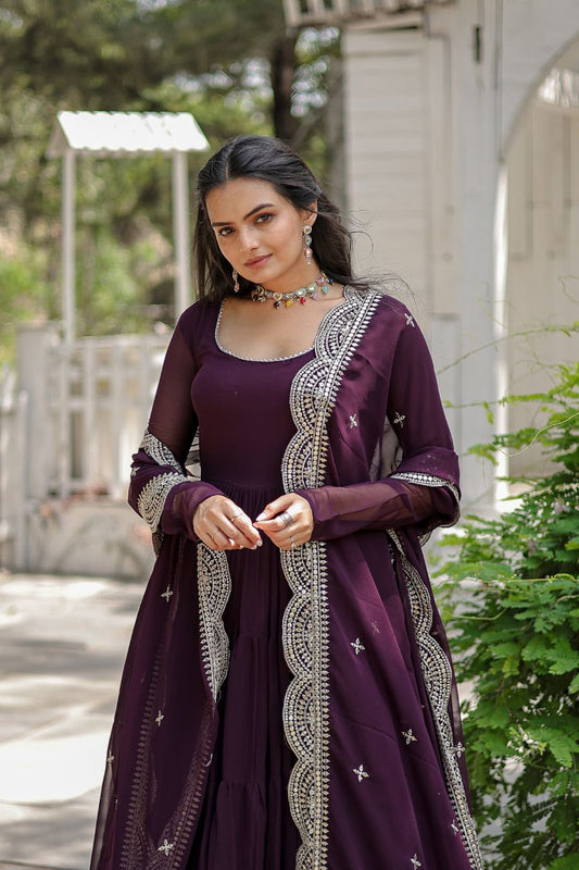 Precious Wine Color Ruffle Flare Gown With Heavy Dupatta