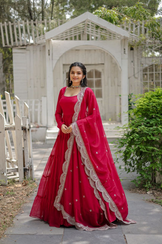 Precious Pink Color Ruffle Flare Gown With Heavy Dupatta