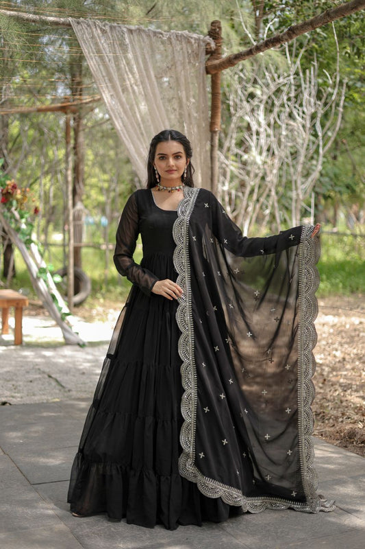 Precious Black Color Ruffle Flare Gown With Heavy Dupatta