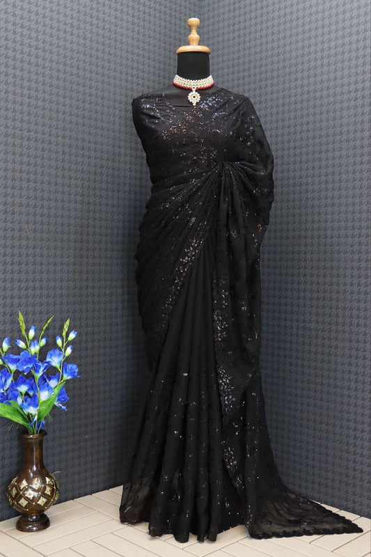Party Wear Shimmer Silk Black Color Saree