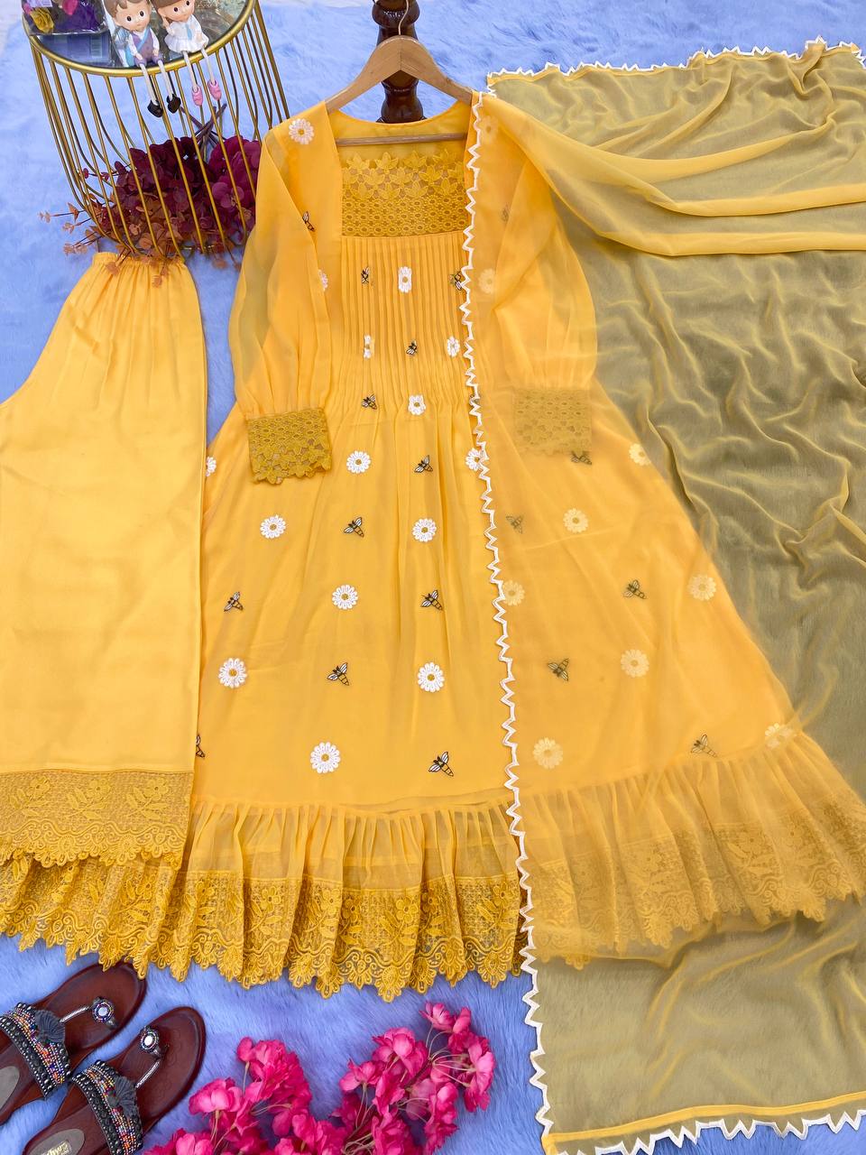 Trendy Yellow Color Thread Work Palazzo Suit