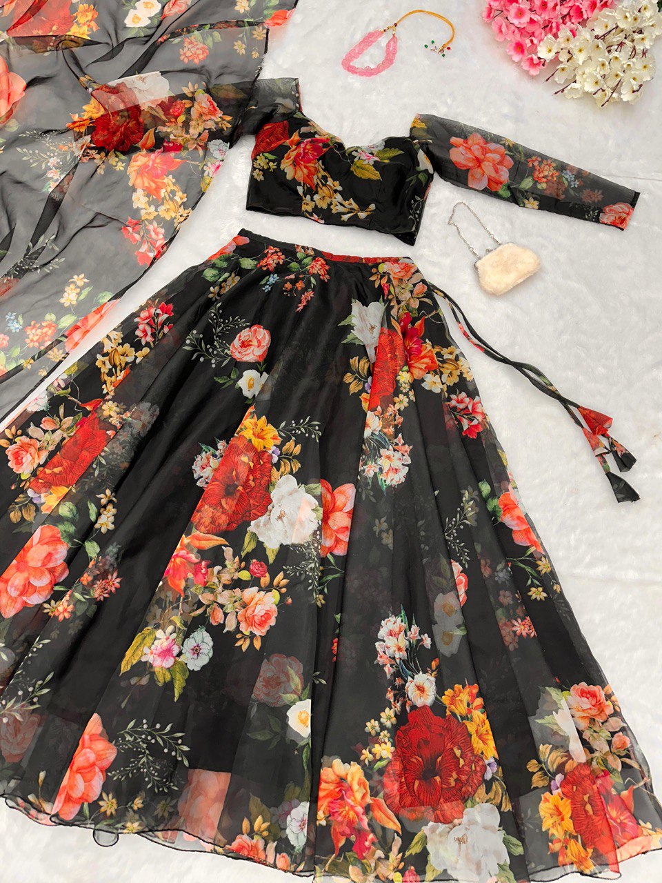 Organza Black Color Multi Flower Print Lehenga Choli