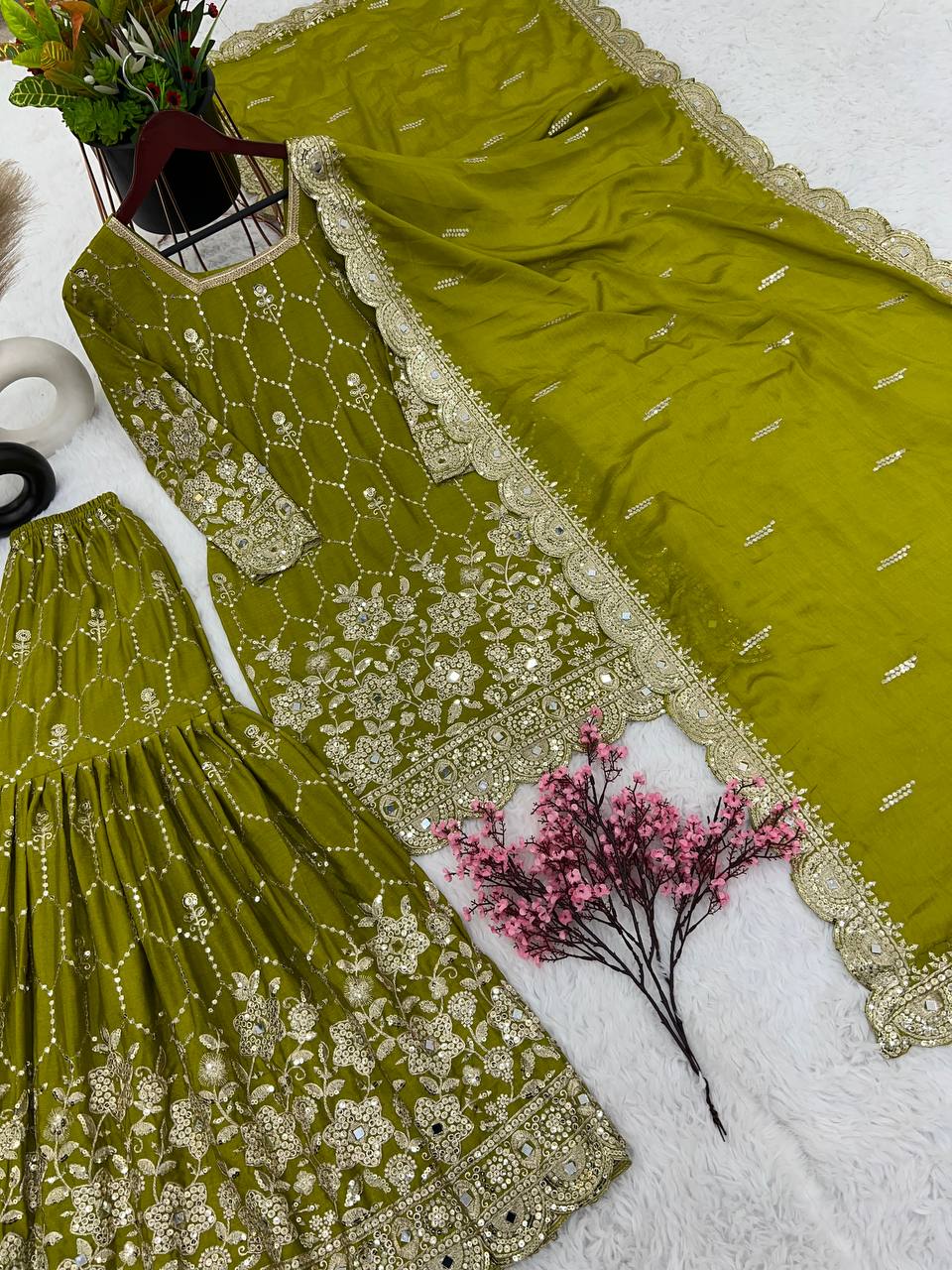 Stylish Green Color Embroidery Mirror Work Sharara Suit