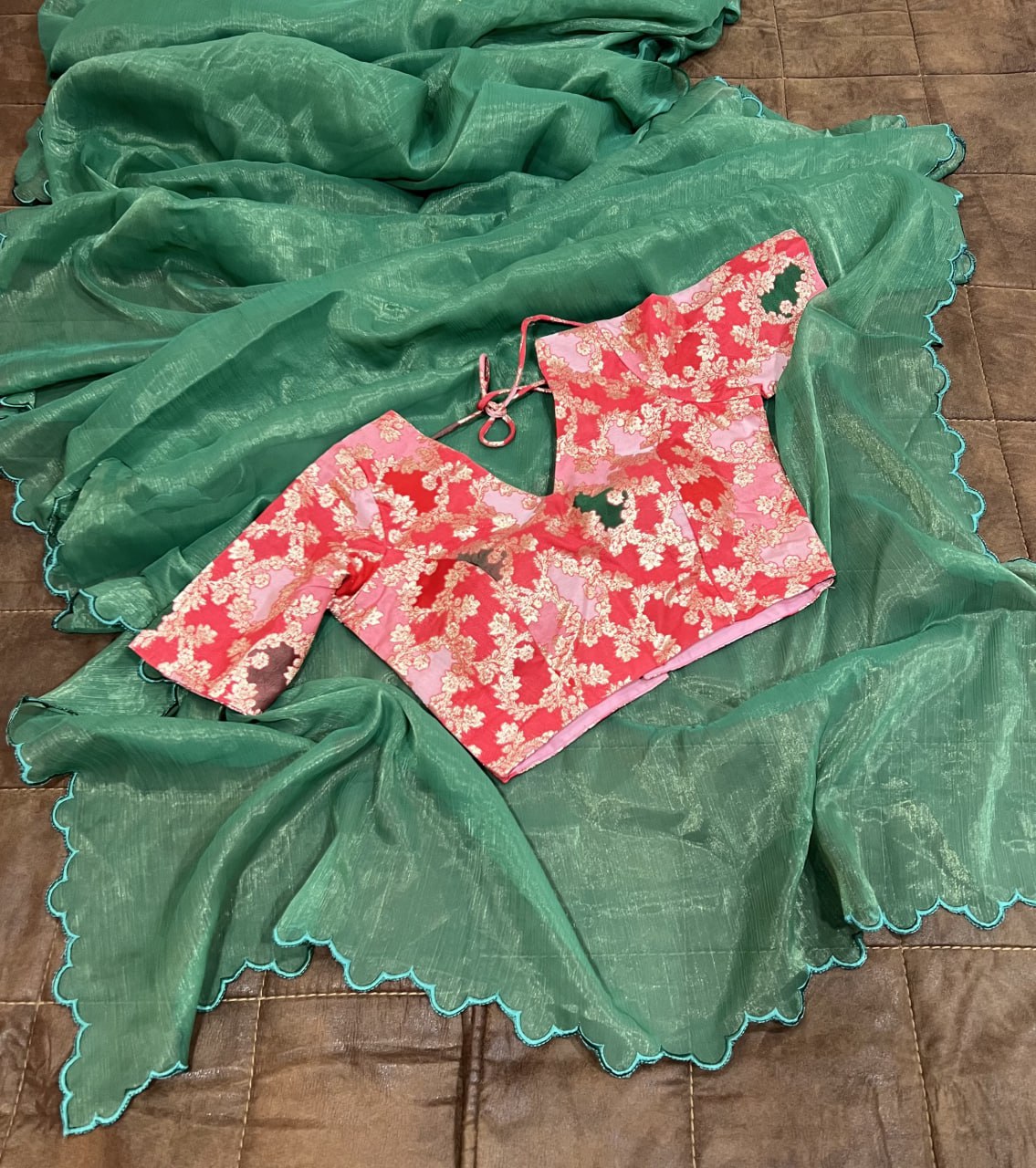 Captivating Cut Work Border Aqua Green Color Saree