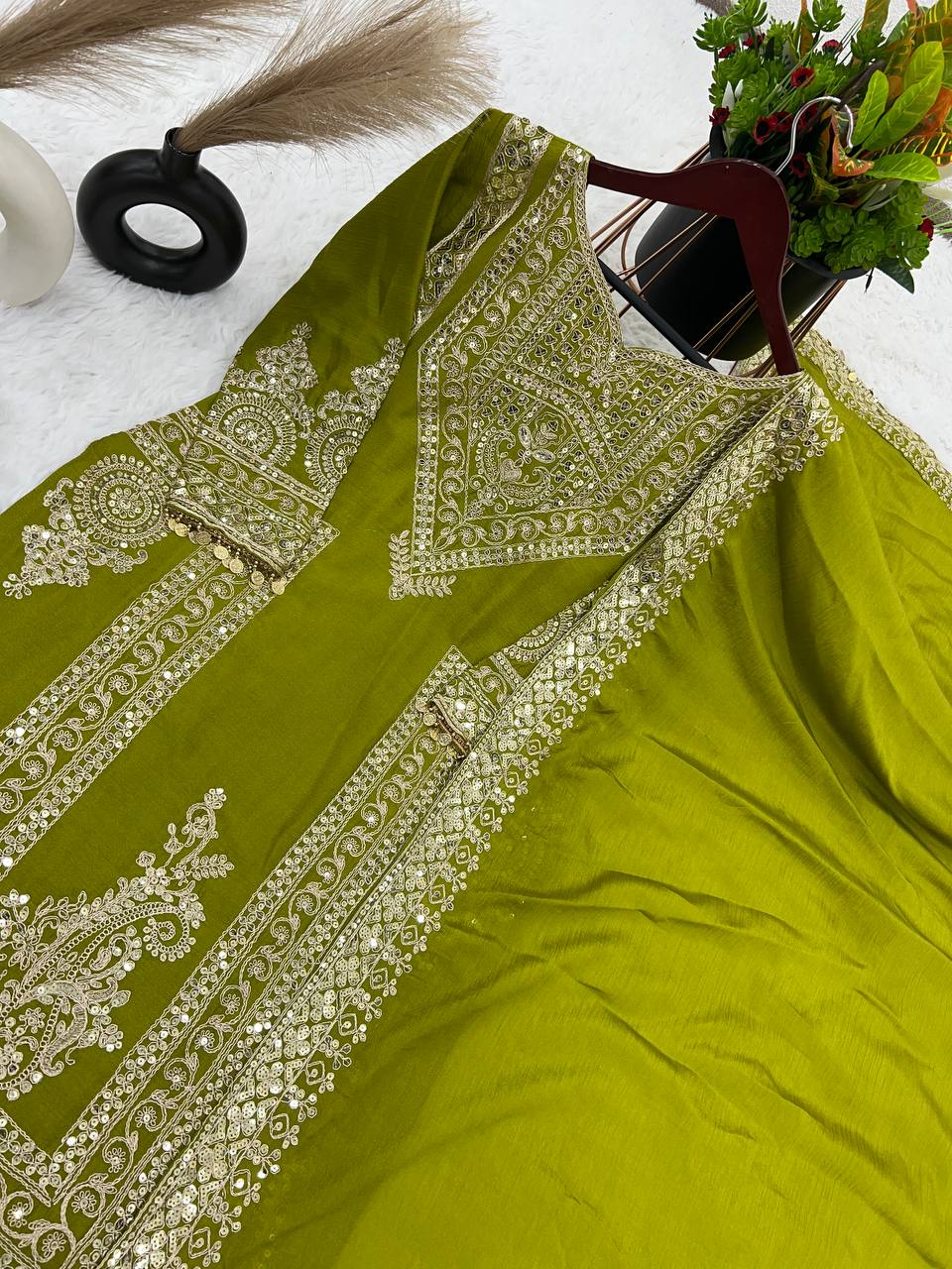 Opulent Sequence Embroidery Work Mehndi Color Palazzo Suit