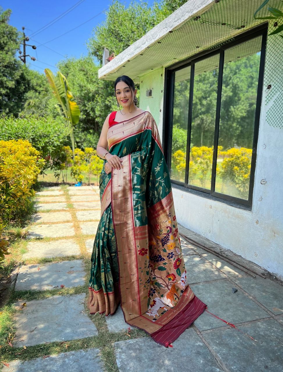 Paithani Pallu Dark Green Color Wedding Saree