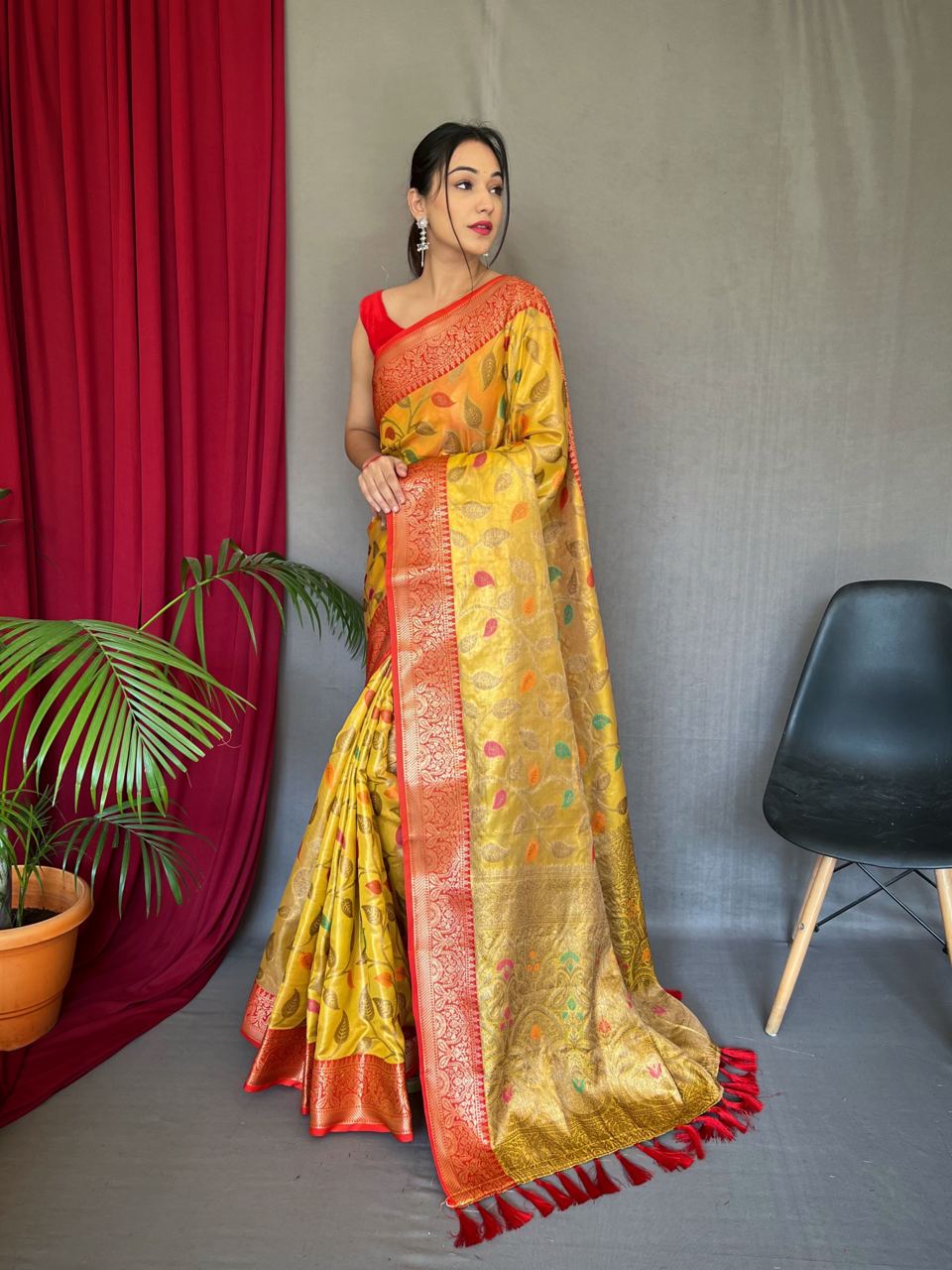 Opulent Yellow Color Zari Weaving Work Saree