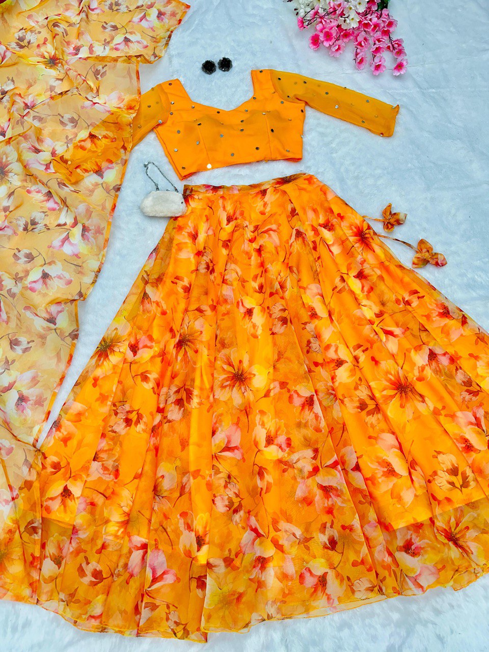 Flower Print Yellow Fully Stitched Organza Silk Lehenga Choli
