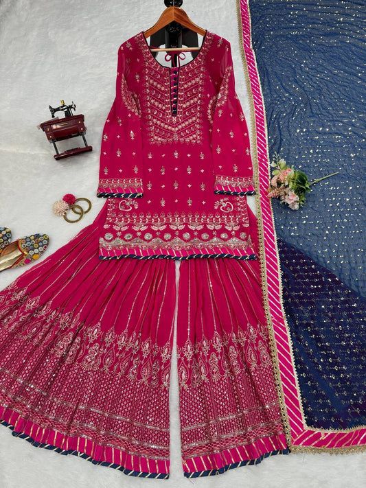 Glimmering Thread With Sequence Pink Sharara Suit