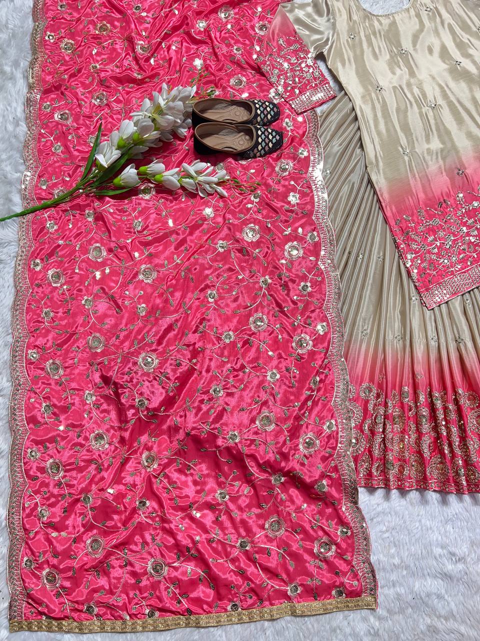 Cream Color Heavy Pure Chinon And Digital Print With 5mm Sequence Work Top With Lehenga