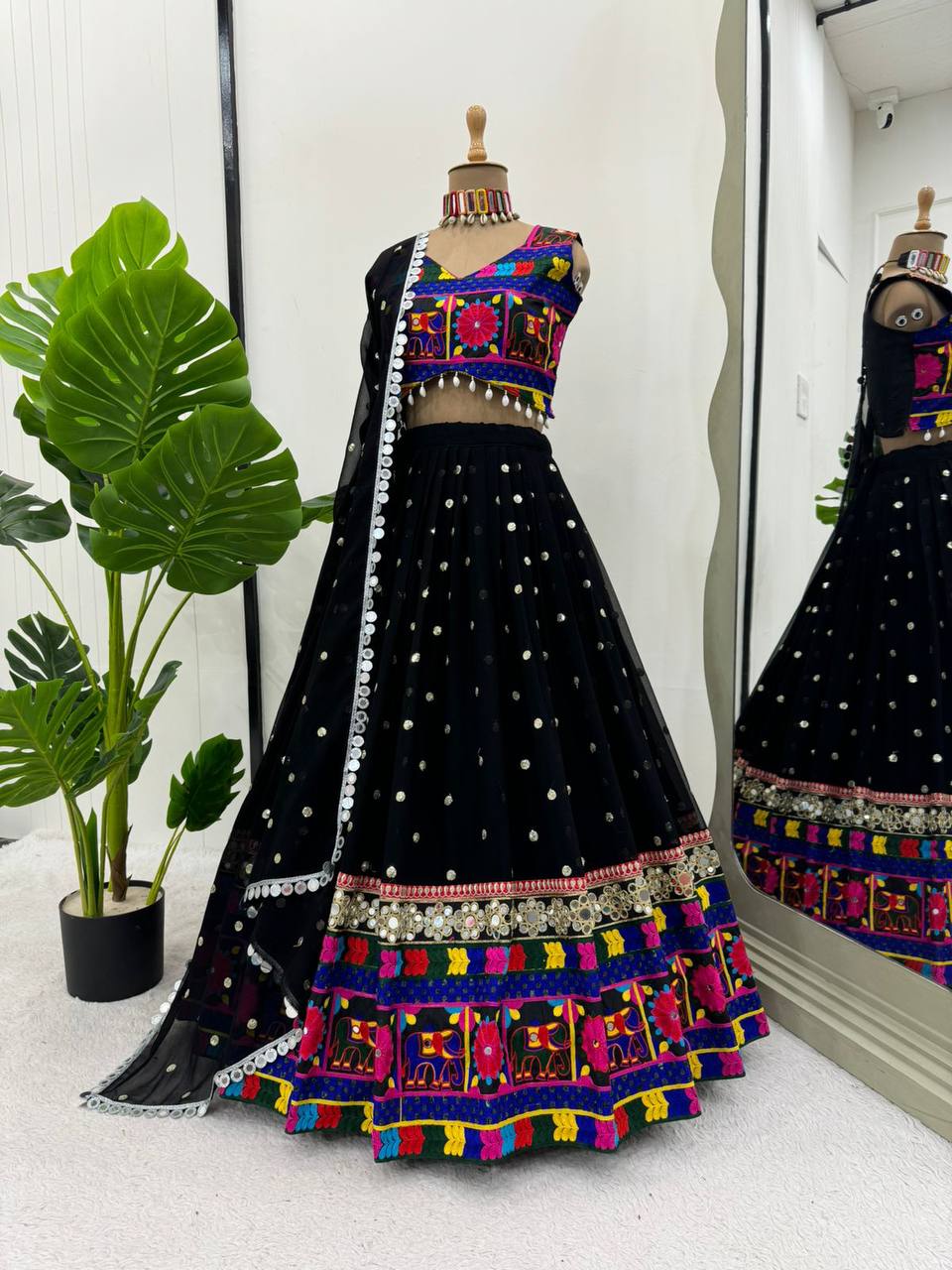 Traditional Wear Black Color Georgette Heavy Gamthi Work Navratri Lehenga Choli