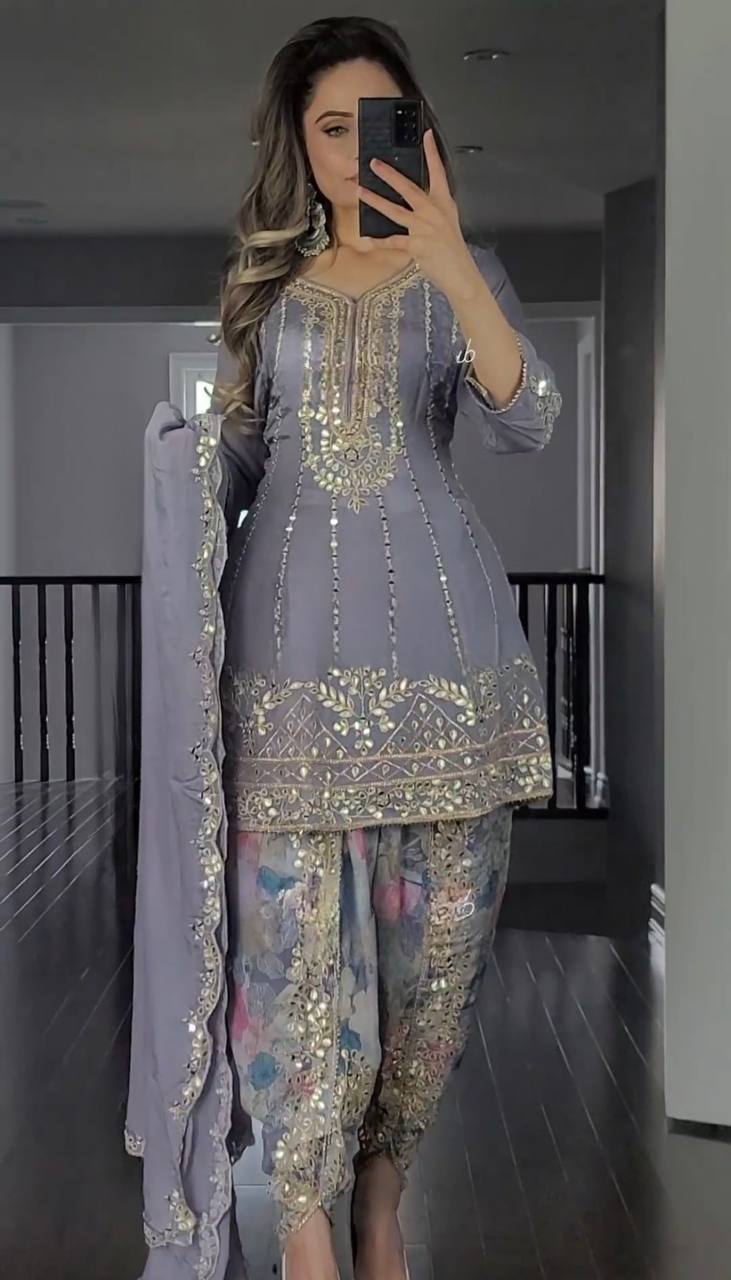 Festive Wear Embroidery Sequence Work Grey Color Dhoti Suit