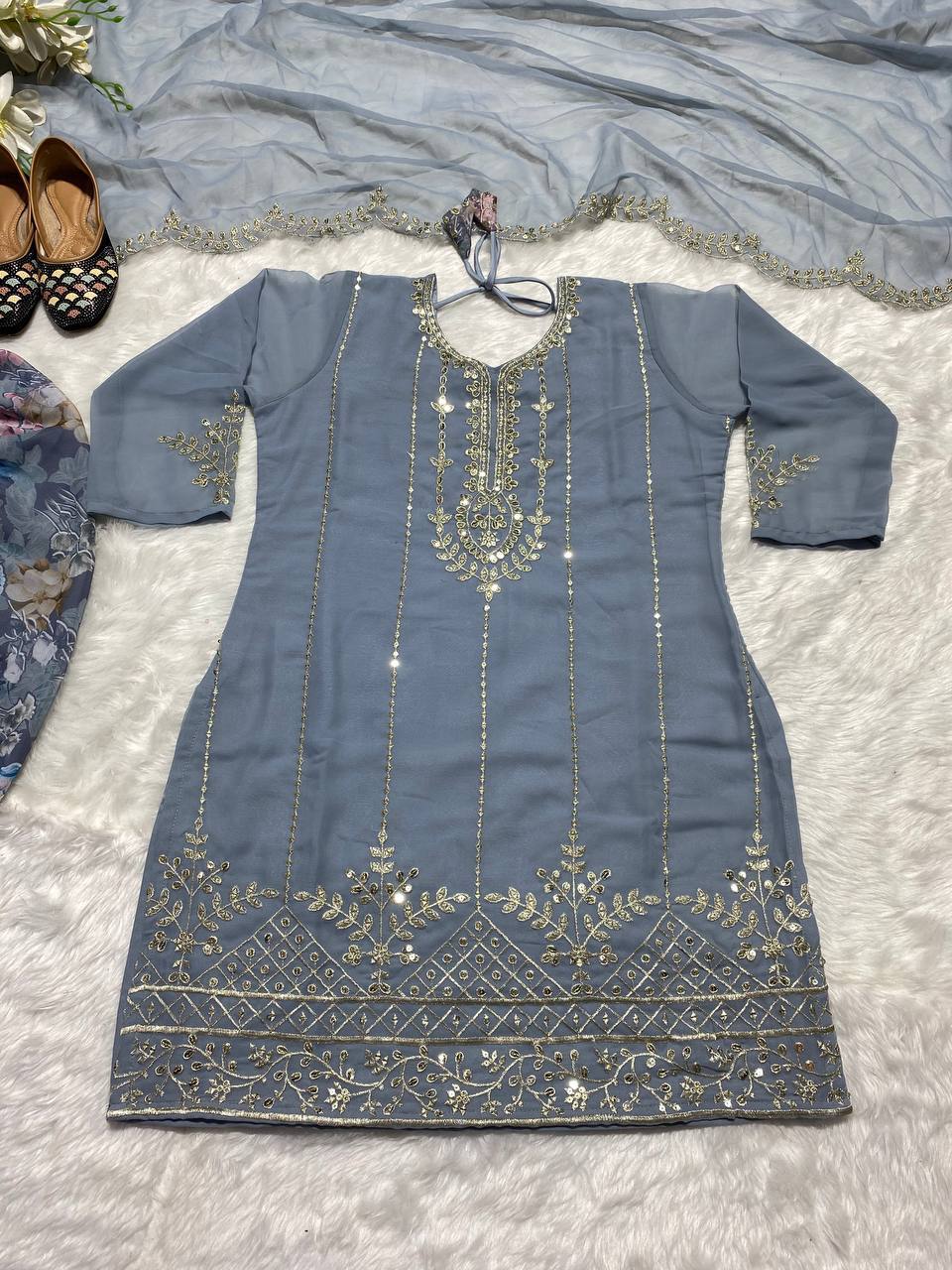 Festive Wear Embroidery Sequence Work Grey Color Dhoti Suit