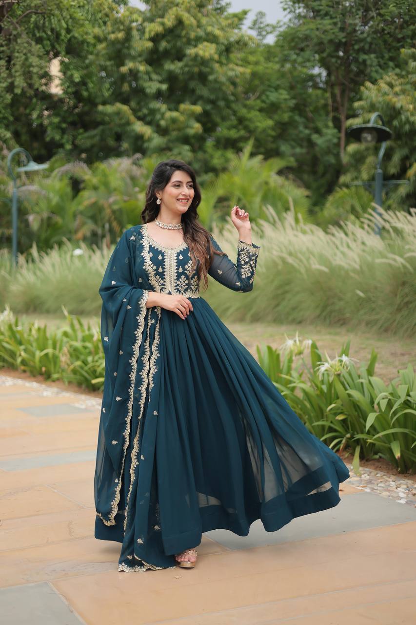 Shining Sequin Work Aqua Blue Color Long Gown