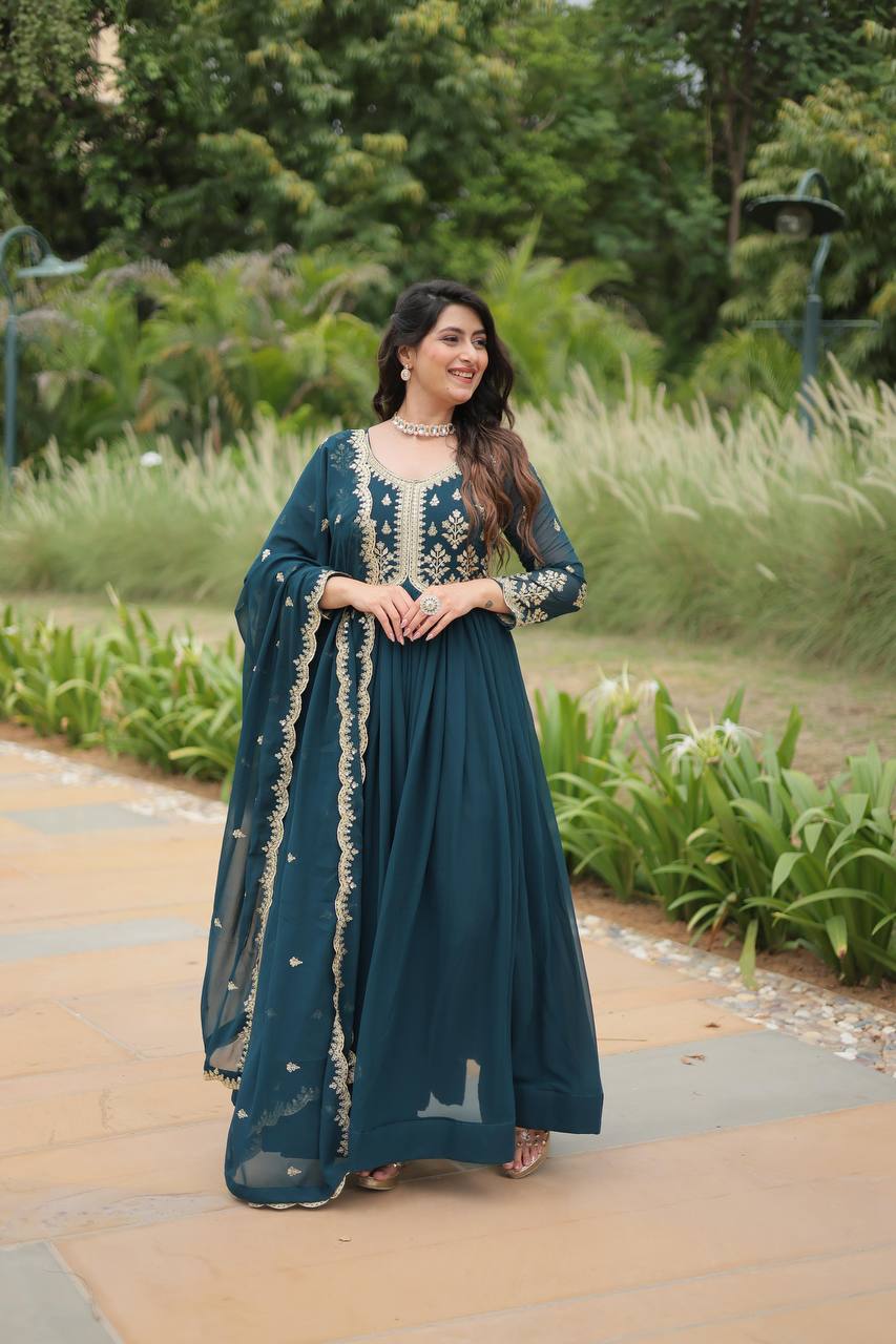 Shining Sequin Work Aqua Blue Color Long Gown