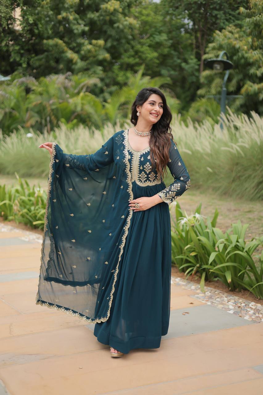 Shining Sequin Work Aqua Blue Color Long Gown