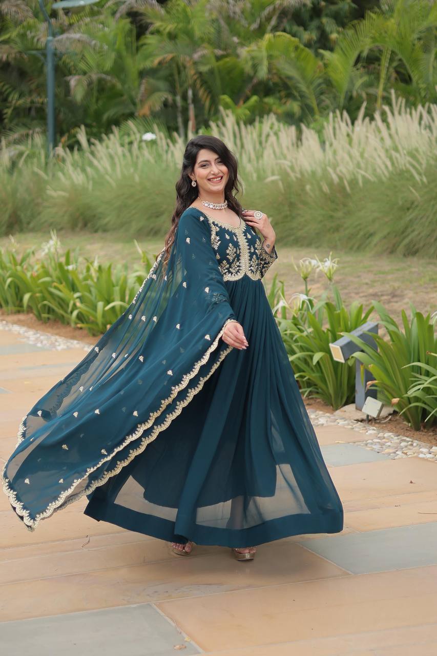 Shining Sequin Work Aqua Blue Color Long Gown