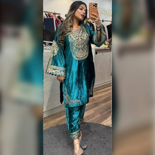 Wedding Wear Teal Blue Color Velvet Embroidery Work Salwar Suit