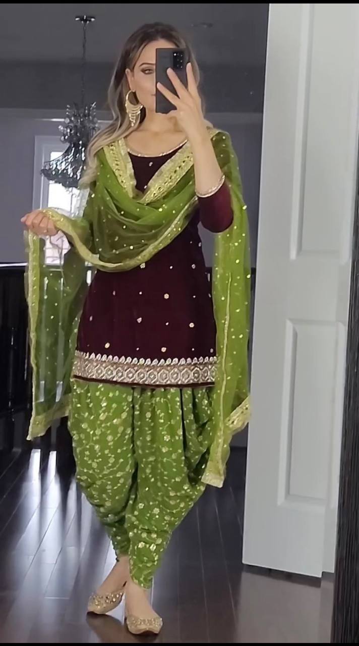 Precious Georgette Sequence Work Wine And Parrot Dhoti Suit