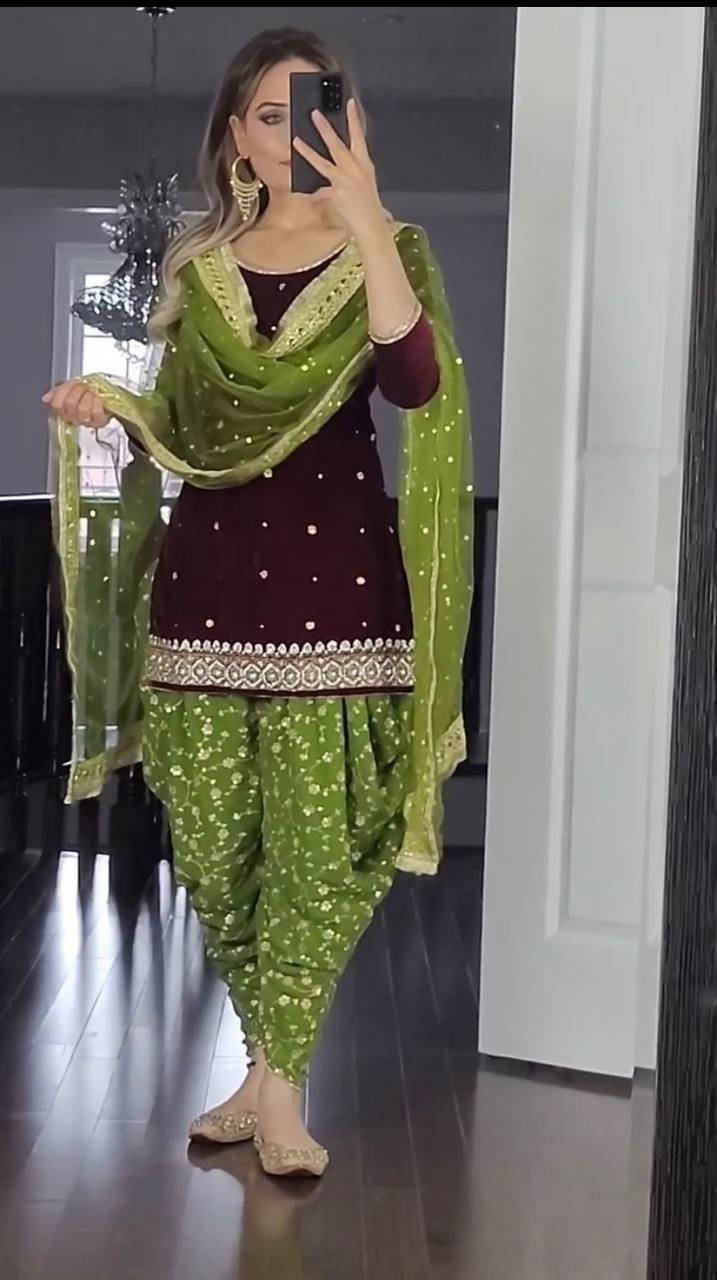 Precious Georgette Sequence Work Wine And Parrot Dhoti Suit