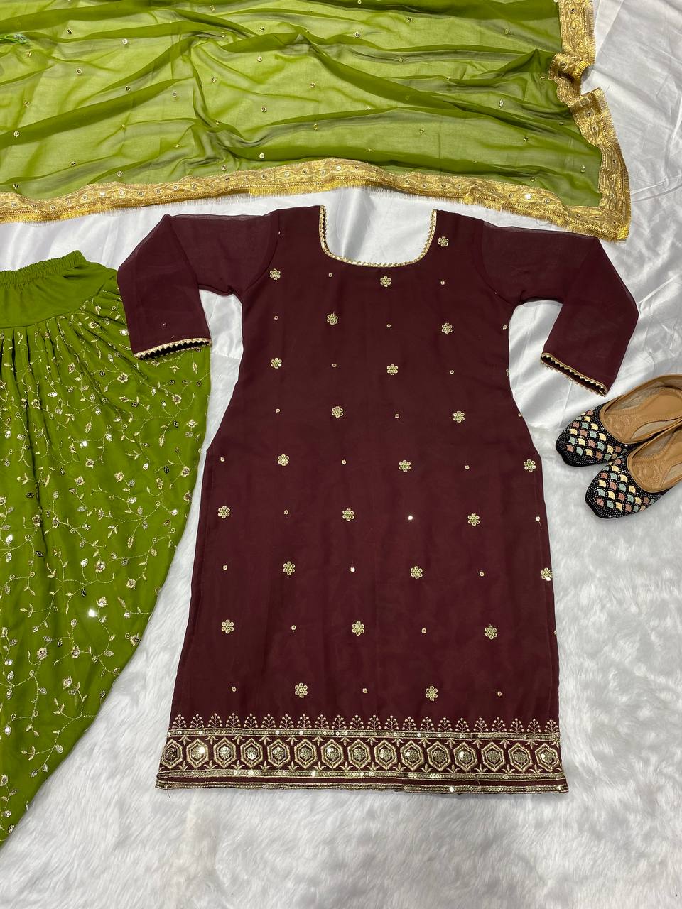 Precious Georgette Sequence Work Wine And Parrot Dhoti Suit