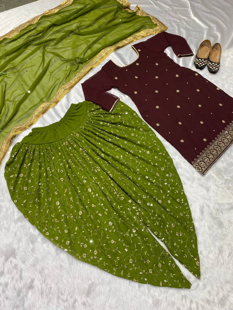 Precious Georgette Sequence Work Wine And Parrot Dhoti Suit