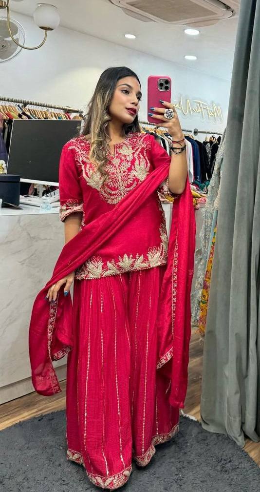 Glimmering Chinnon Silk Sequence Work Red Color Sharara Suit