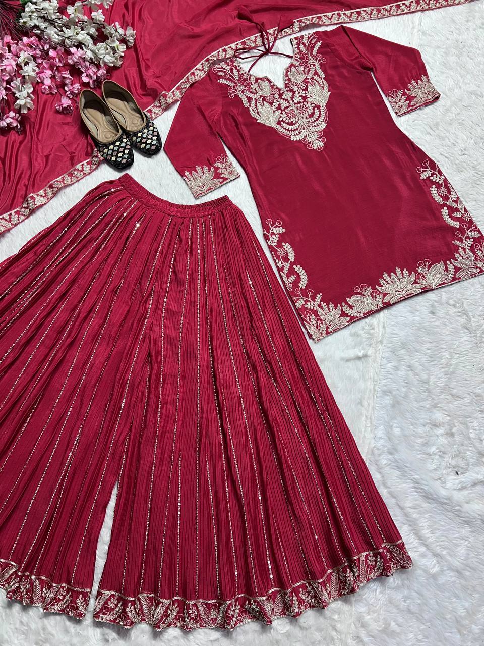 Glimmering Chinnon Silk Sequence Work Red Color Sharara Suit