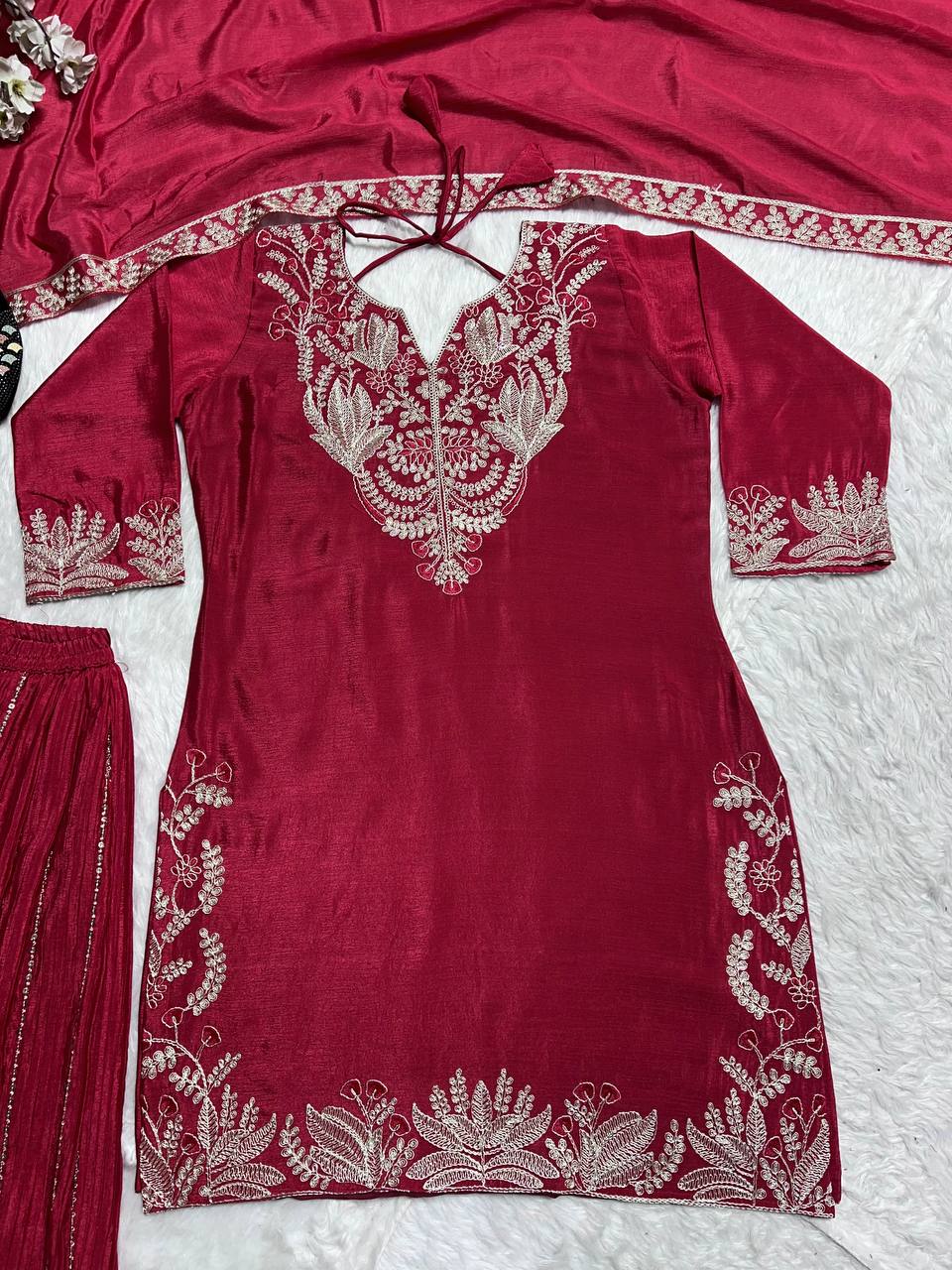 Glimmering Chinnon Silk Sequence Work Red Color Sharara Suit