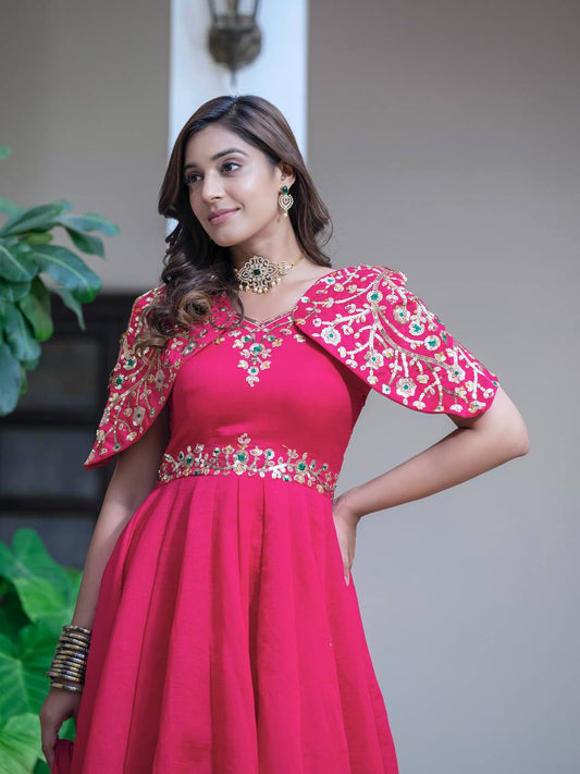 Festive Wear Vichitra Silk Red Color Anarkali Gown