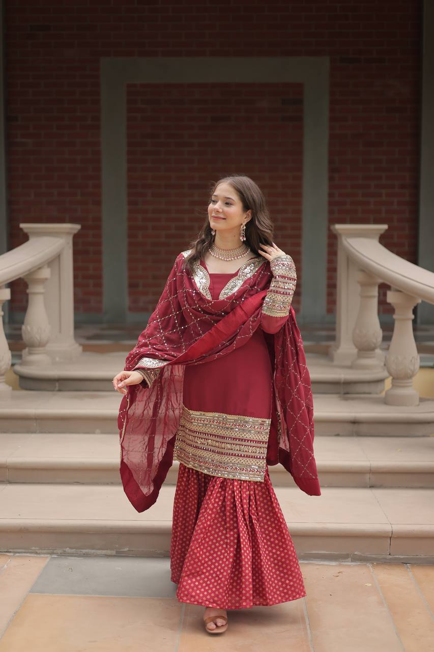 Amazing Maroon Color Embroidery Work Sharara Suit