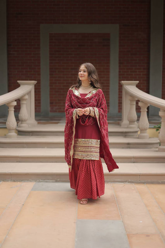 Amazing Maroon Color Embroidery Work Sharara Suit