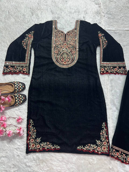 Adorable Black Color Velvet Embroidery Work Salwar Suit