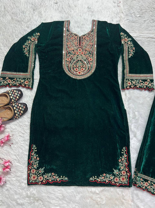 Adorable Green Color Velvet Embroidery Work Salwar Suit