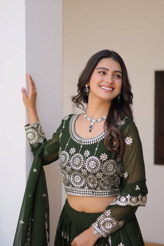 Function Wear Sequence Work Green Color Lehenga Choli