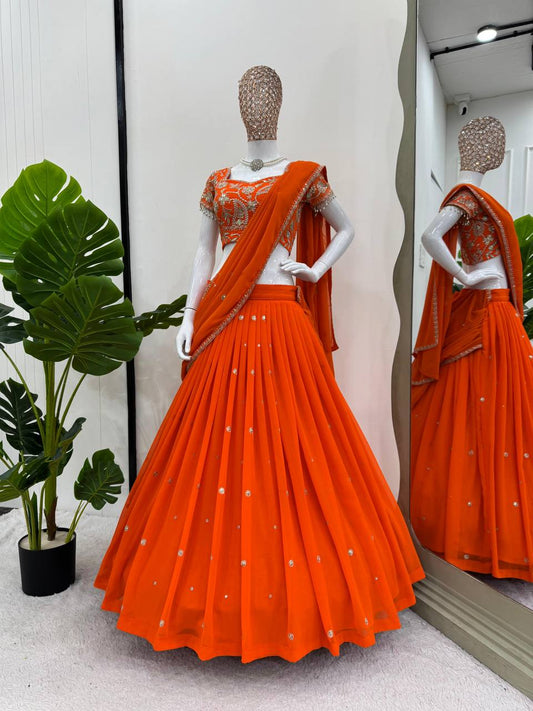 Traditional wear Thread With Sequence Work Orange Color Lehenga Choli