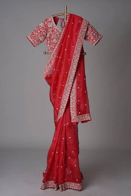 Wedding Wear Heavy Sequence Work Red Color Saree