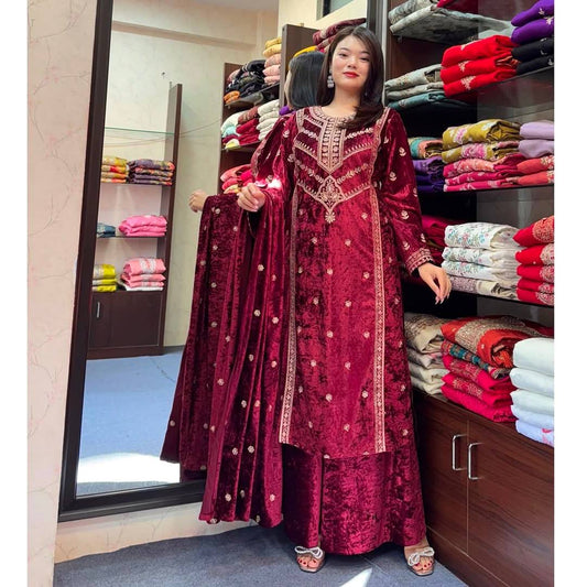 Elegant Embroidery Work Maroon Color Velvet Top With Plazzo & Dupatta
