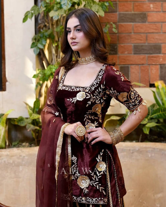 Elegant Velvet Maroon Color Sequence Work Sharara Suit