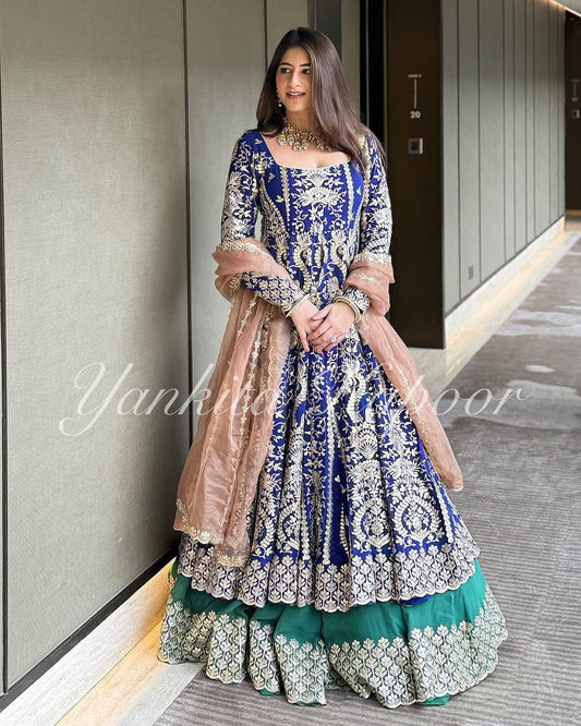 Function Wear Heavy Embroidery Work Blue Color Top With Lehenga