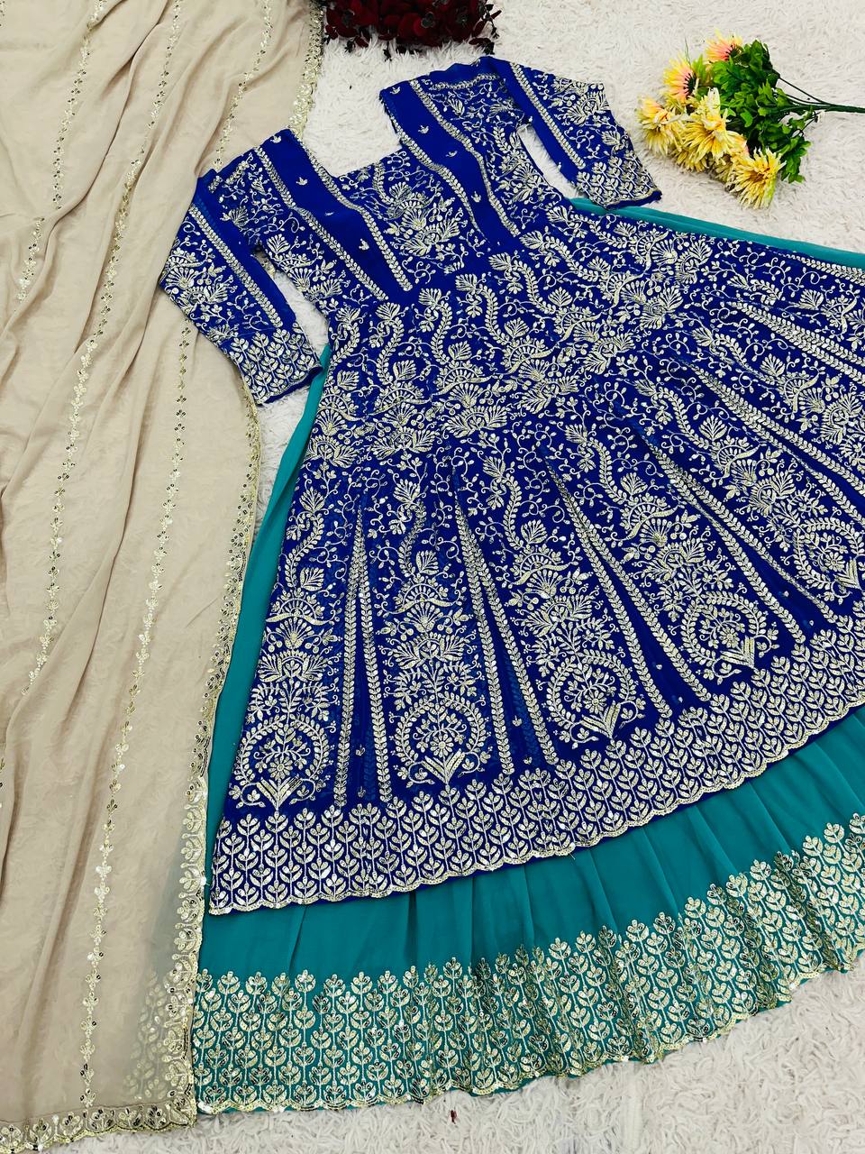 Function Wear Heavy Embroidery Work Blue Color Top With Lehenga