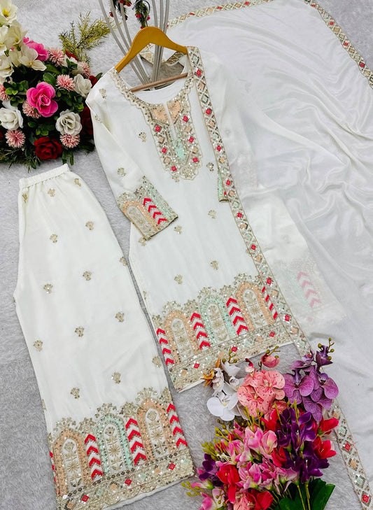 Function Wear Sequence Work White Color Plazzo Suit