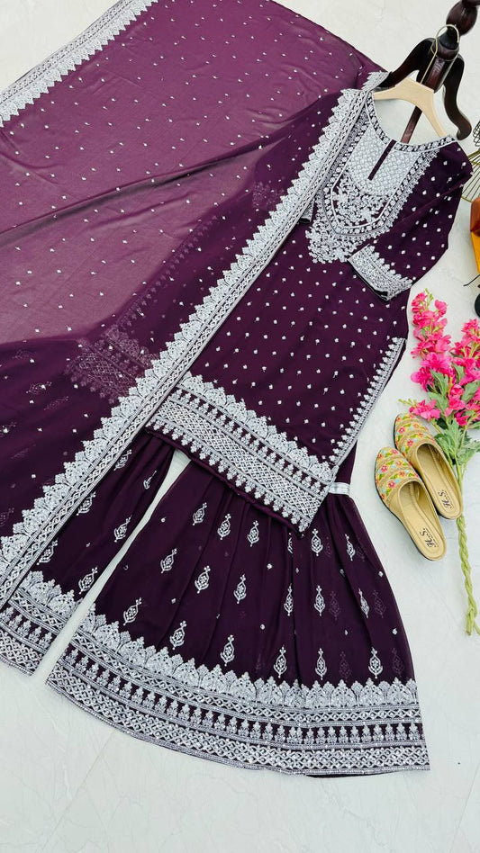 Designer Embroidery WIth Sequence Work Wine Sharara Suit
