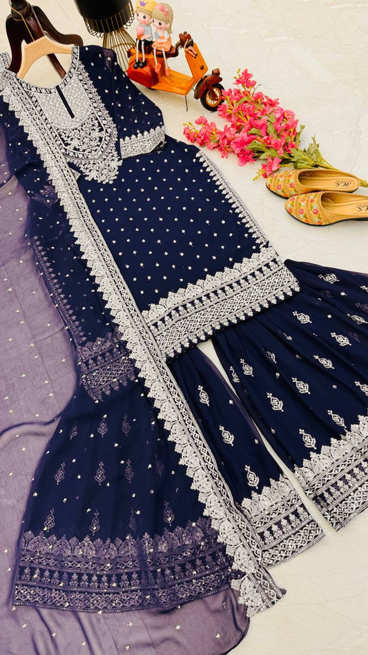 Designer Embroidery WIth Sequence Work Navy Blue Sharara Suit