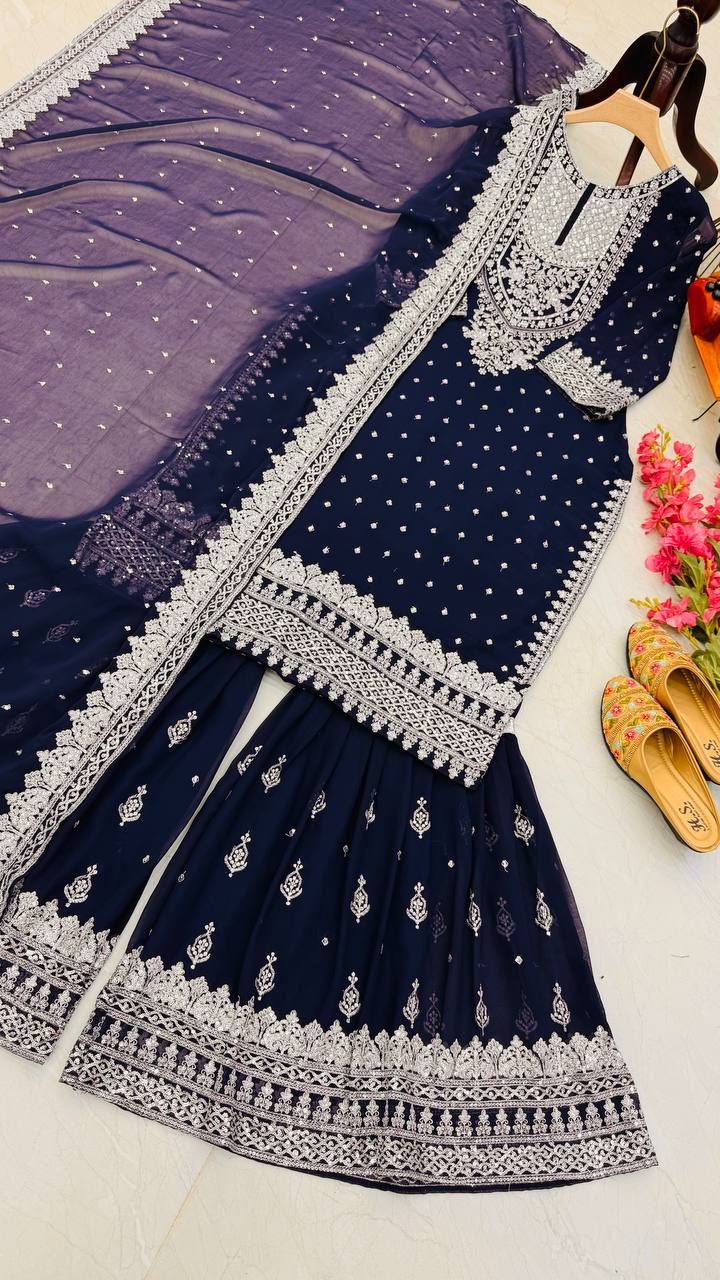 Designer Embroidery WIth Sequence Work Navy Blue Sharara Suit
