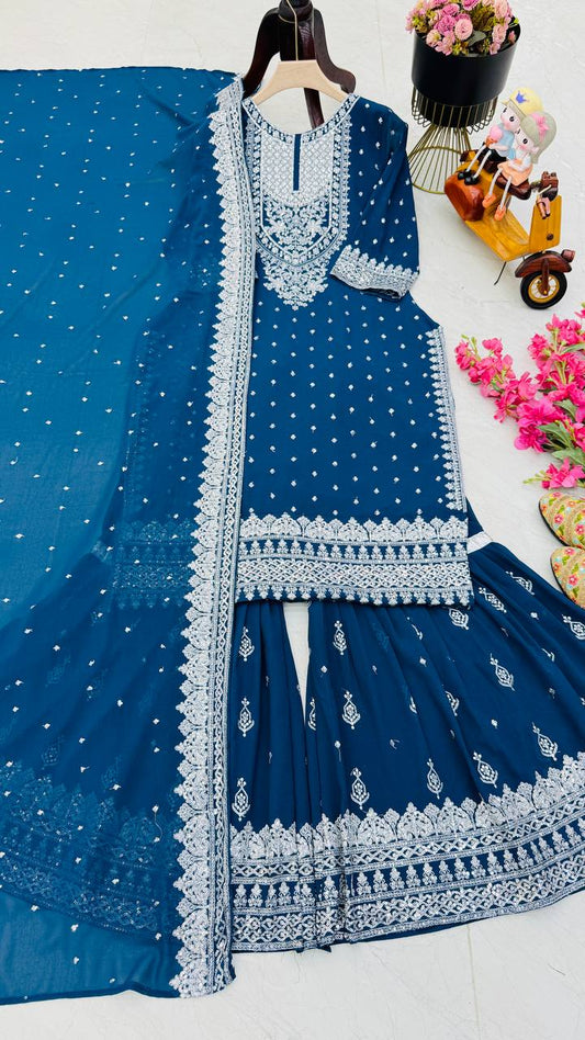 Designer Embroidery WIth Sequence Work Sky Blue Sharara Suit