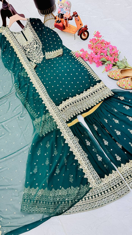 Designer Embroidery WIth Sequence Work Green Sharara Suit