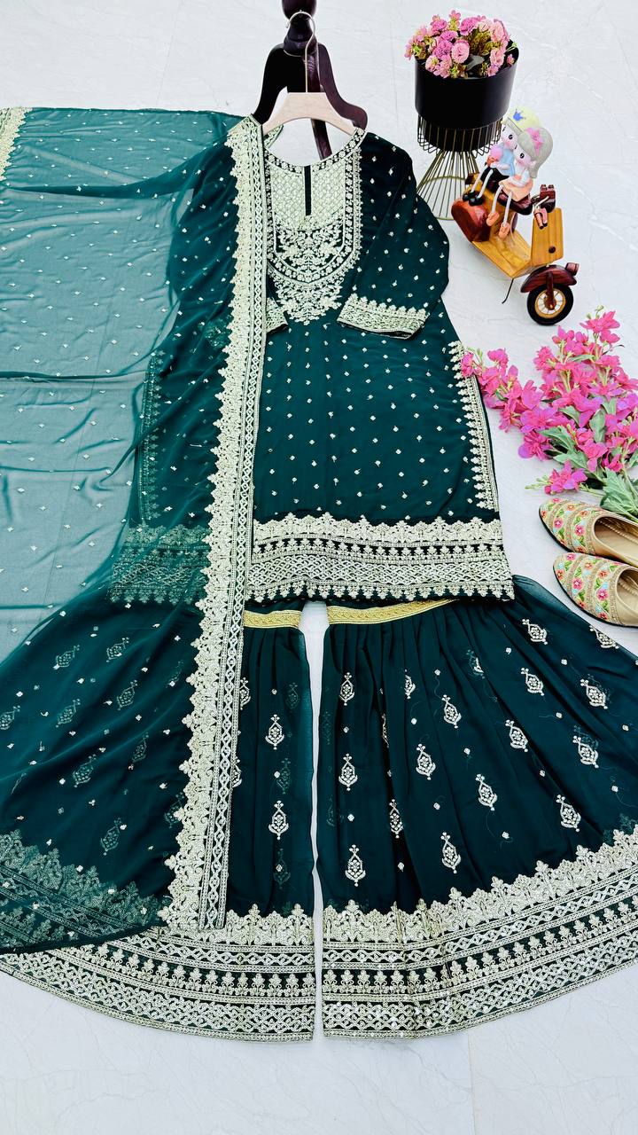 Designer Embroidery WIth Sequence Work Green Sharara Suit