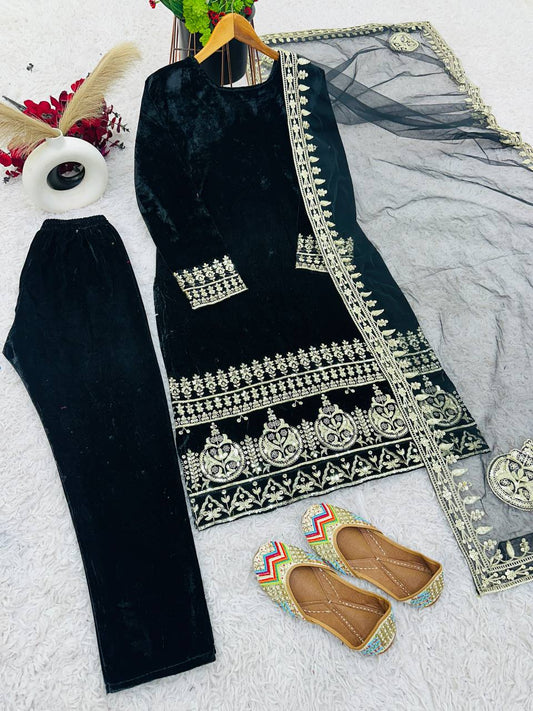 Fantastic Velvet Sequence Work Black Color Salwar Suit