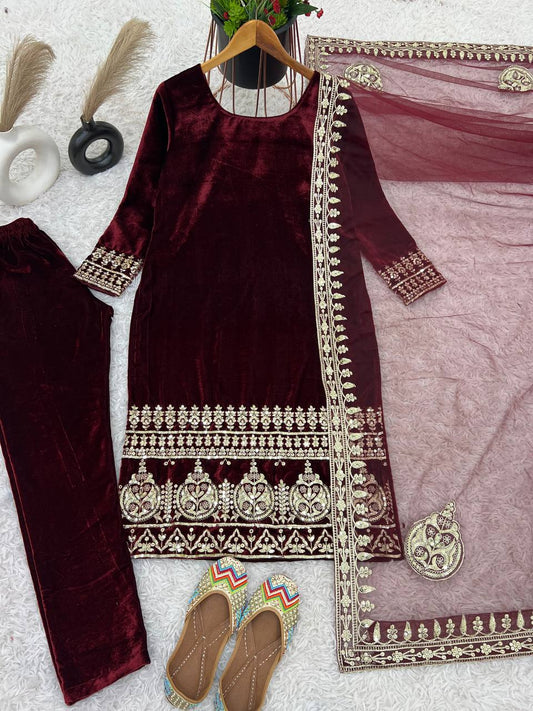 Fantastic Velvet Sequence Work Wine Color Salwar Suit